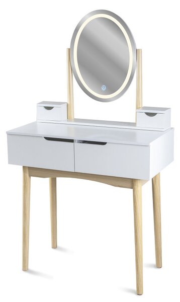 Toaletní stolek GLAM s LED zrcadlem bílý / naturální, béžová taburetka