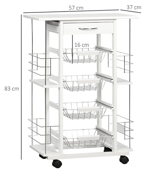 HOMCOM Kuchařský vozík na kolečkách s dlažkou a zásuvkou, 4 kovové košíky a 4 boční stojany na kořenky pro jídelnu, 57x37x83 cm Bílý | Aosom