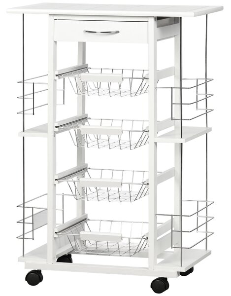 HOMCOM Kuchařský vozík na kolečkách s dlažkou a zásuvkou, 4 kovové košíky a 4 boční stojany na kořenky pro jídelnu, 57x37x83 cm Bílý | Aosom