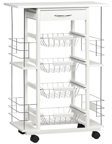 HOMCOM Kuchařský vozík na kolečkách s dlažkou a zásuvkou, 4 kovové košíky a 4 boční stojany na kořenky pro jídelnu, 57x37x83 cm Bílý | Aosom