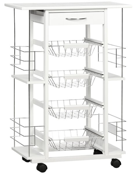 HOMCOM Kuchařský vozík na kolečkách s dlažkou a zásuvkou, 4 kovové košíky a 4 boční stojany na kořenky pro jídelnu, 57x37x83 cm Bílý | Aosom