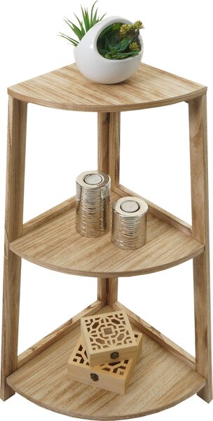 Rohový regál HWC-K44, policový stojící regál do obývacího pokoje, 3 police, 80x37x37cm MDF z paulovnie pírodní hndá barva
