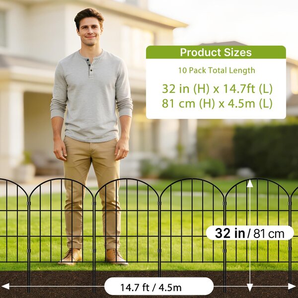 Kovový plot do zahrady, výška 81 cm, šířka 45 cm, 10 panelů, celková délka 4,5 metru, vhodný pro obruby záhonů