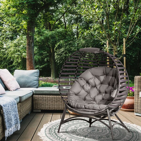 Zahradní křeslo Outsunny Papasan 2-basket s polštáři, oválné křeslo, skládací na balkon a terasu, venkovní/indoor, písek, ocel, 118 x 75 x 139 cm | Ao