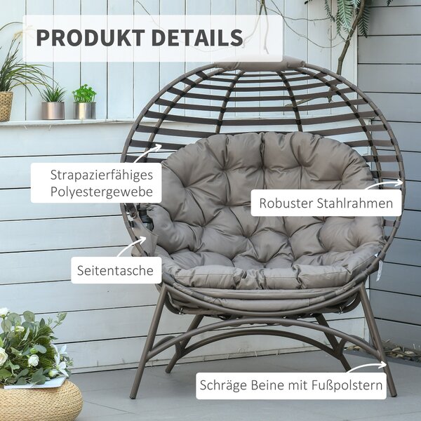 Zahradní křeslo Outsunny Papasan 2-basket s polštáři, oválné křeslo, skládací na balkon a terasu, venkovní/indoor, písek, ocel, 118 x 75 x 139 cm | Ao