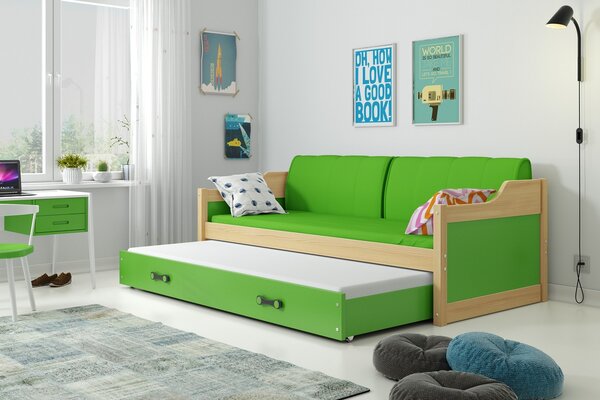 BMS Group Dětská postel s výsuvnou přistýlkou DAVID borovice Velikost postele: 200x90 cm, Barva výplní: Zelená