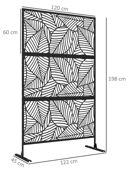 Dekorativní panel pro venkovní použití Outsunny s větrem rozkládající se listovou vzorem - 122 x 45 x 198 cm, černý | Aosom