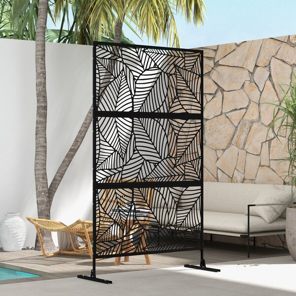 Dekorativní panel pro venkovní použití Outsunny s větrem rozkládající se listovou vzorem - 122 x 45 x 198 cm, černý | Aosom