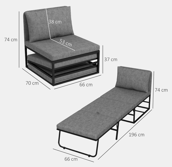 HOMCOM 1-místné rozkládací křeslo 2-v-1 skládací postel s polštářem a ochranným potahem, kovový rám, jednolůžkové sofa pro hosty, obývací pokoj, kance
