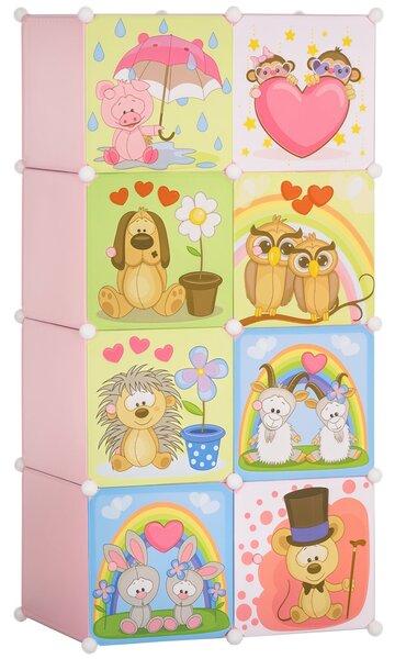 HOMCOM Modulární regál na boty s motivy zvířat do interiéru, 8 kostek 35x45x35cm z PP plastu a oceli, 74x47x144cm, Růžová | Aosom