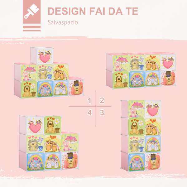 HOMCOM Modulární regál na boty s motivy zvířat do interiéru, 8 kostek 35x45x35cm z PP plastu a oceli, 74x47x144cm, Růžová | Aosom