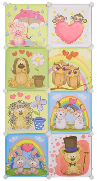 HOMCOM Modulární regál na boty s motivy zvířat do interiéru, 8 kostek 35x45x35cm z PP plastu a oceli, 74x47x144cm, Růžová | Aosom