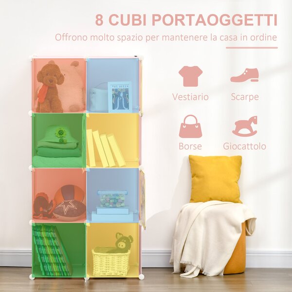HOMCOM Modulární regál na boty s motivy zvířat do interiéru, 8 kostek 35x45x35cm z PP plastu a oceli, 74x47x144cm, Růžová | Aosom