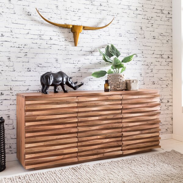 FineBuy Komoda z masivního akáciového deva 160 cm, 2 dvíka a 3 zásuvky – masivní retro komoda s designovým elem – pírodní píborník – run vyrobený v industriálním stylu
