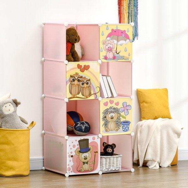 HOMCOM Modulární regál na boty s motivy zvířat do interiéru, 8 kostek 35x45x35cm z PP plastu a oceli, 74x47x144cm, Růžová | Aosom