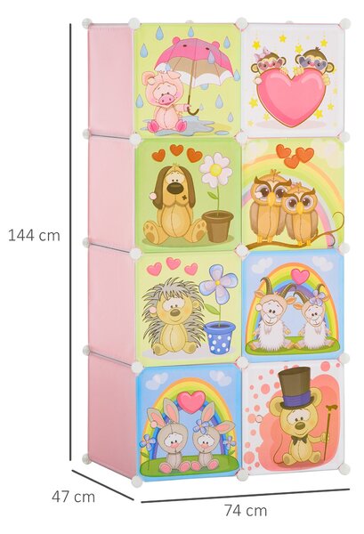 HOMCOM Modulární regál na boty s motivy zvířat do interiéru, 8 kostek 35x45x35cm z PP plastu a oceli, 74x47x144cm, Růžová | Aosom