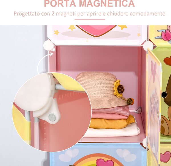 HOMCOM Modulární regál na boty s motivy zvířat do interiéru, 8 kostek 35x45x35cm z PP plastu a oceli, 74x47x144cm, Růžová | Aosom