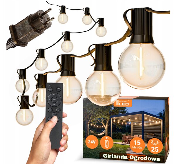 Smart LED Zahradní světelná stmívatelná girlanda 15m 25xLED žárovka E12 24V, dálkové ovládání