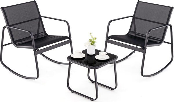 3dílný houpací bistro set, sada terasového nábytku se 2 houpacími kesly a sklenným stolem, venkovní houpací křeslo pro verandu, balkon, erná barva