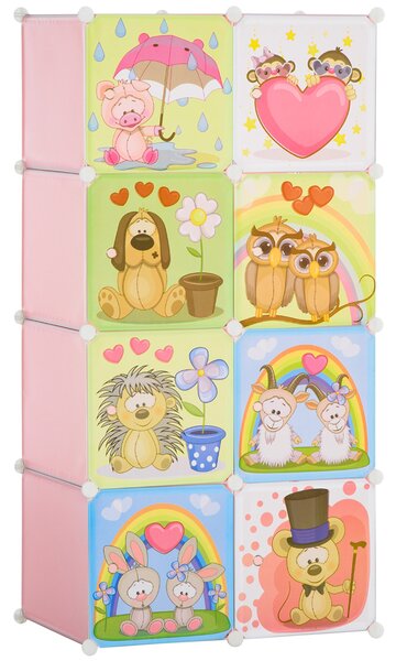 HOMCOM Modulární regál na boty s motivy zvířat do interiéru, 8 kostek 35x45x35cm z PP plastu a oceli, 74x47x144cm, Růžová | Aosom