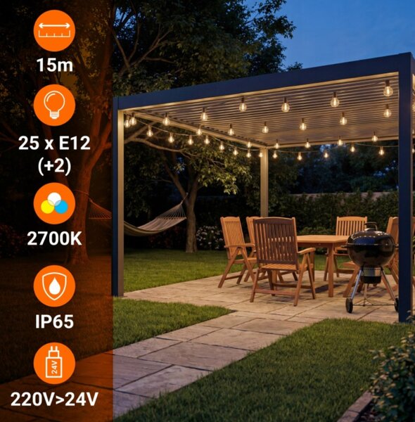 Smart LED Zahradní světelná stmívatelná girlanda 15m 25xLED žárovka E12 24V, dálkové ovládání