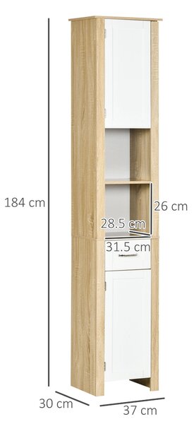 Kleankin Koupelnový Sloupek, Vysoká Skříňka z Dřevotřísky s Zásuvkou, 2 Skříňky a 2 Nastavitelnými Otevřenými Poličkami, 37x30x184 cm, Bílá a Dřevěná