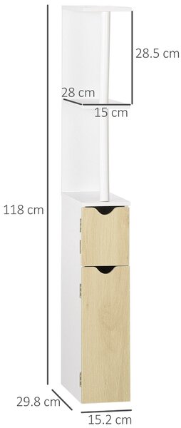 Kleankin koupelnový sloupek se 2 policemi a 2 skříňkami, vysoký úložný kabinet do koupelny v MDF, 15,2x29,8x118 cm, přírodní dřevo | Aosom