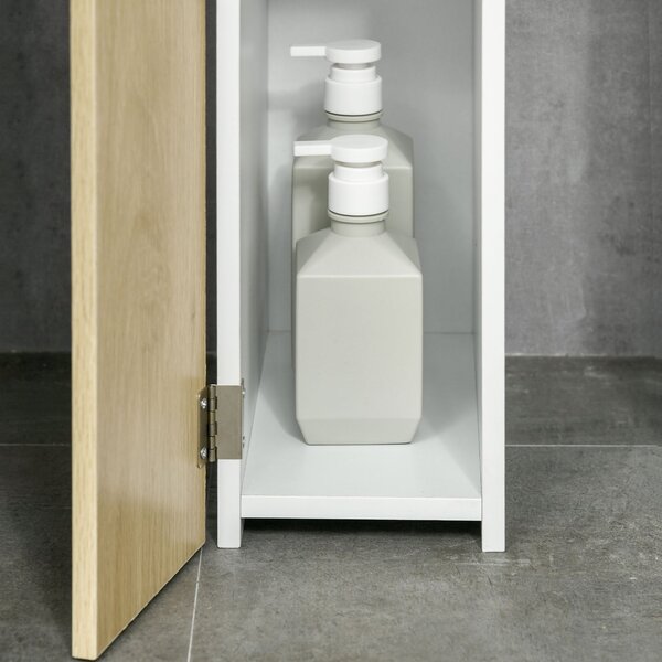 Kleankin koupelnový sloupek se 2 policemi a 2 skříňkami, vysoký úložný kabinet do koupelny v MDF, 15,2x29,8x118 cm, přírodní dřevo | Aosom