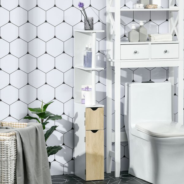 Kleankin koupelnový sloupek se 2 policemi a 2 skříňkami, vysoký úložný kabinet do koupelny v MDF, 15,2x29,8x118 cm, přírodní dřevo | Aosom