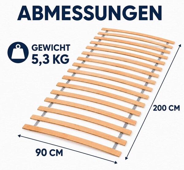 Latový rošt 90 x 200 cm, 17 lamel z břízového dřeva, nosnost do 100 kg, vhodný pro všechny typy matrací