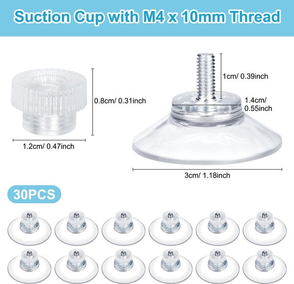 Sací podložky M4 x 10 mm, průhledné PVC, 30 kusů, se závitovým otvorem, vhodné pro okna a koupelny