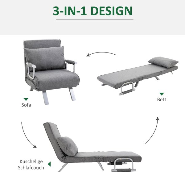 HOMCOM Skříňová pohovka s opěrkou 3-v-1 Skládací křeslo pro hosty Skládací matrace Skládací postel Chaise Lounge Multifunkční polyester s povrchovou ú