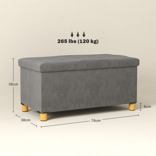 HOMCOM Skládací box na úložný prostor s potahem z sametu, lavička s úložným prostorem pro obývací pokoj, ložnici a chodbu 76 x 38 x 38 cm, šedá | Aoso