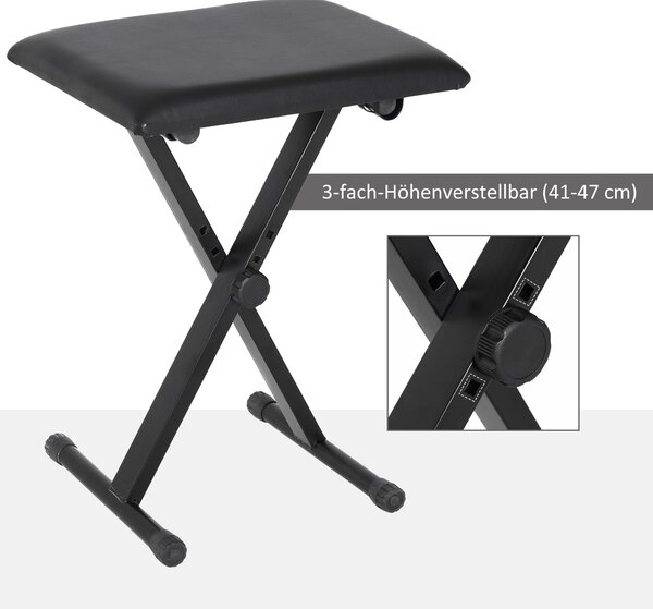 HOMCOM Klavírní Stolička Klavírní Lavice Stolička na Líčení Výškově Nastavitelná Skládací Ocelová Umělá Kůže Pěna Černá 39 x 29 x 37-47 cm | Aosom