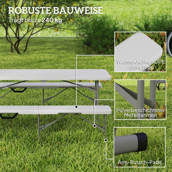 Outsunny 2-dílná pivní lavice - skládací lavice pro 8 osob, 182 cm, autoskládací party lavice s rukojetí, kovové nohy, HDPE odolná lavice pro kempován
