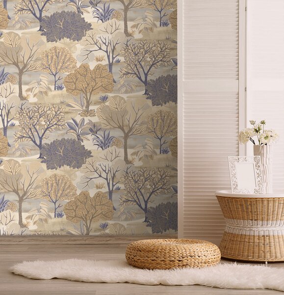 Modro-béžová vliesová tapeta na zeď, stromy, AL26250, Allure, Decoprint