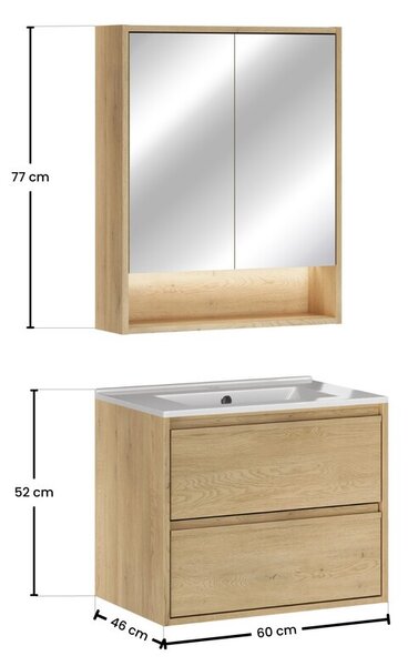 Comad Koupelnová sestava Viola se zápustným umyvadlem a zrcadlem 60 cm dub cremona