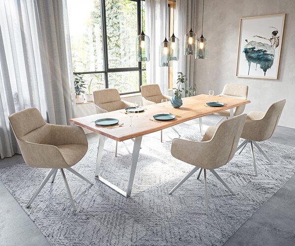 DELIFE Jídelní stůl hrana 260x100cm Akácie přírodní nerezová ocel Stříbrná šikmá hrana nepravidelná hrana