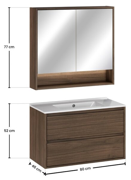 Comad Koupelnová sestava Villa se zápustným umyvadlem a zrcadlem 80 cm ořech