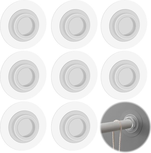 Držáky na závěs do sprchy, samolepicí, 8 kusů, průhledné, pro montáž na zeď bez vrtání