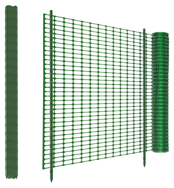 Mobilní plastový plot, zelený, rozměry 30 m x 100 cm, včetně 30 sloupků o výšce 115 cm, určený pro použití v zahradě a venku