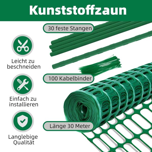 Mobilní plastový plot, zelený, rozměry 30 m x 100 cm, včetně 30 sloupků o výšce 115 cm, určený pro použití v zahradě a venku