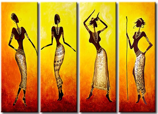 Obraz Tancující postavy žen (4-dílný) - africký rytm siluet
