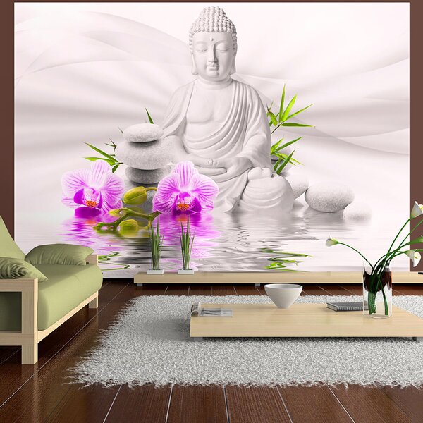 Samolepící fototapeta - Buddha a růžové orchideje 98x70