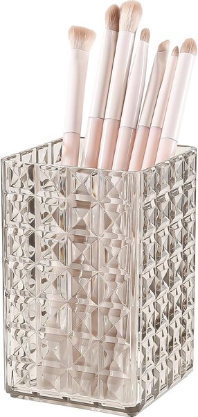 Držák na štětce na make-up, akryl, s diamantovým vzorem, vhodný na toaletní stolek i psací stůl