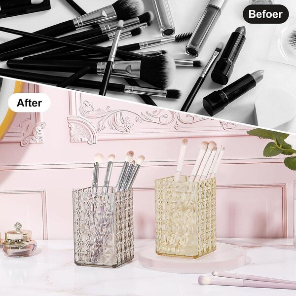 Držák na štětce na make-up, akryl, s diamantovým vzorem, vhodný na toaletní stolek i psací stůl