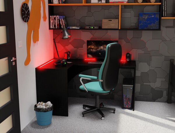 Rohový LED PC stolek Uhlominn (černá). Akce -19%