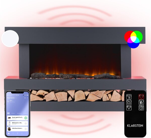 Klarstein Smart Dekorativní krb s LED plameny, elektrický krb s ohřívačem, 2000W elektrický krb, energeticky úsporný elektrický krb, nástěnný krb s dálkovým ovládáním a časovačem, elektrické krby s MDF krytem