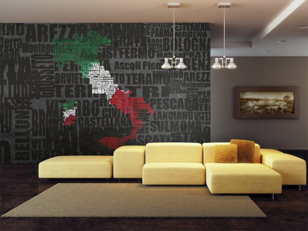 Fototapeta Itálie - mapa Itálie v barvách vlajky na pozadí nápisů s názvy měst