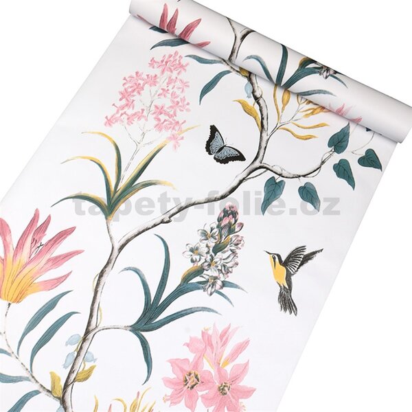Samolepící fólie 45 cm x 10 m IMPOL TRADE florální vzor s ptáky samolepící tapety